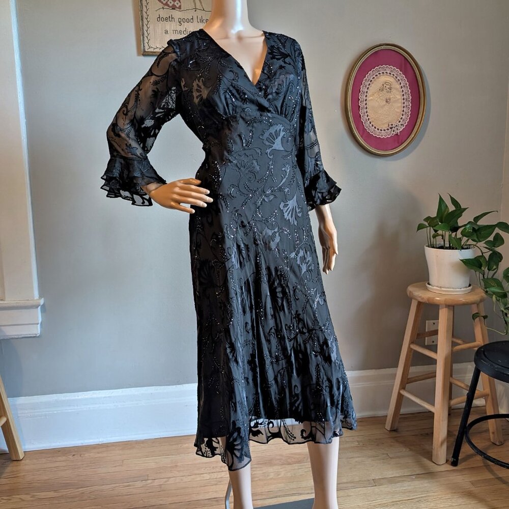 Vintage 90s Y2K Valerie Stevens Velvet Dress Silk Floral Black Beaded Whimsygoth